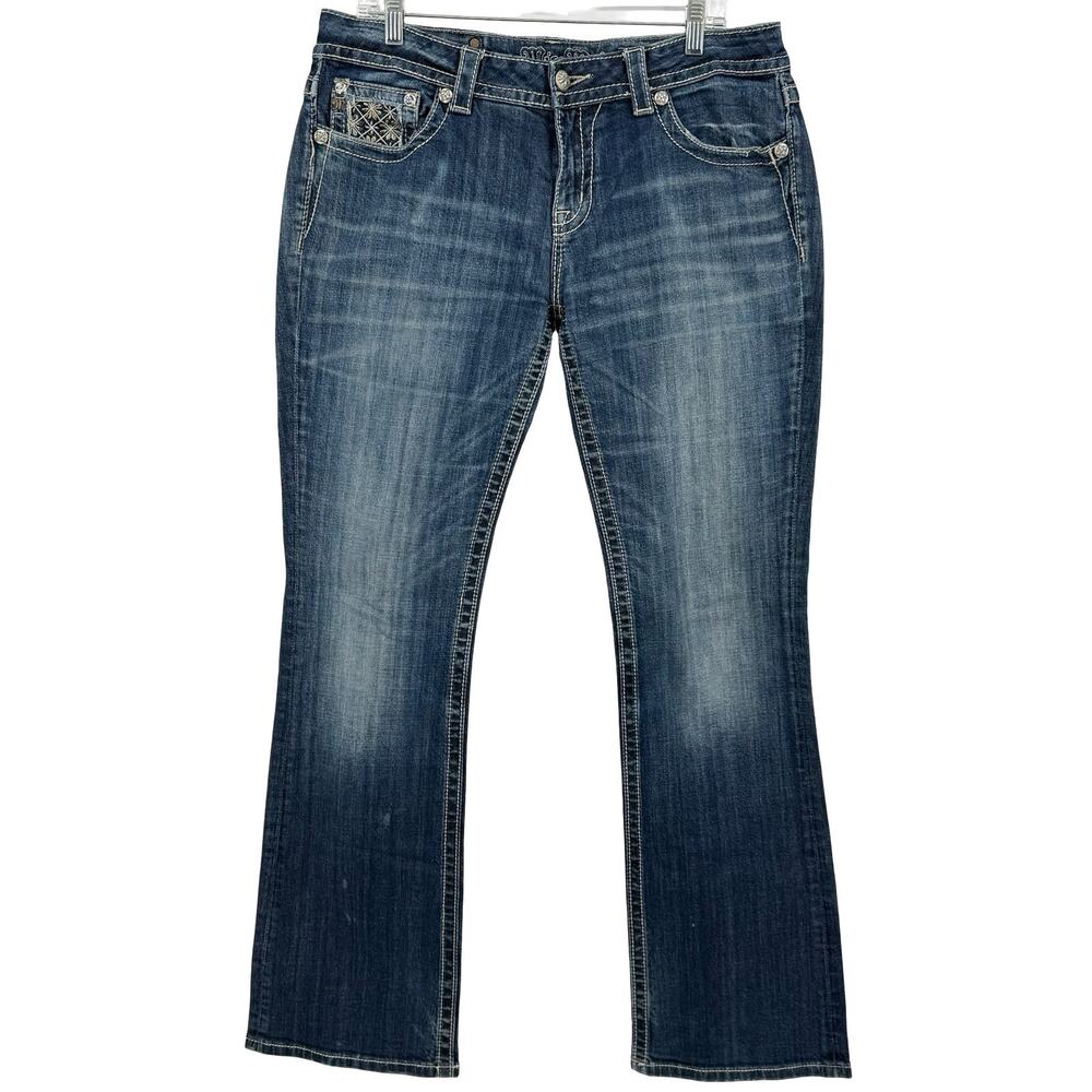 VTG y2k Women's Mid Rise Studded Floral Miss Me Bootcut Blue Denim Jeans Sz 33 - Picture 2 of 11